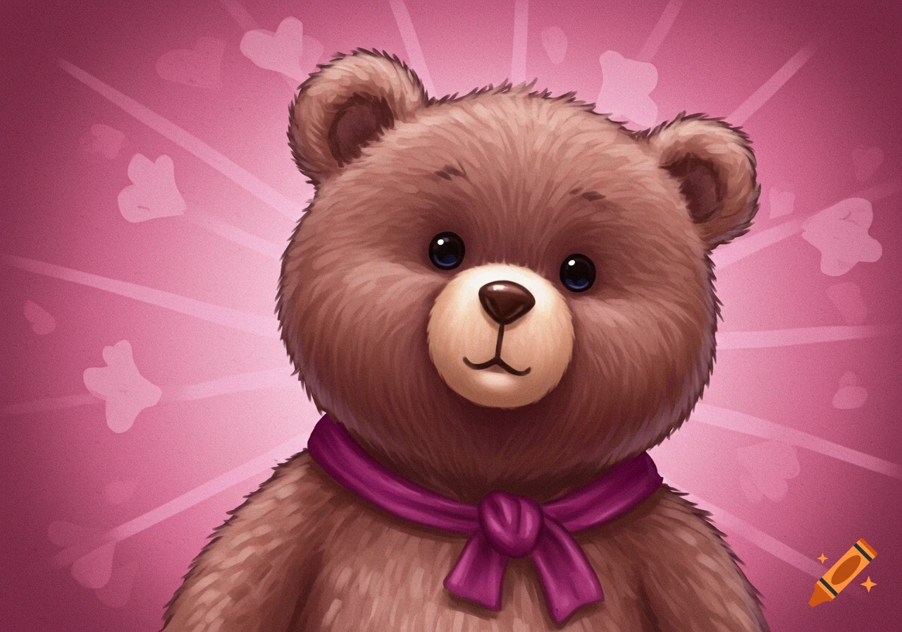 A cute brown teddy bear wearing a purple scarf, set against a pink background with radiating lines and faint heart shapes in an illustrated style.