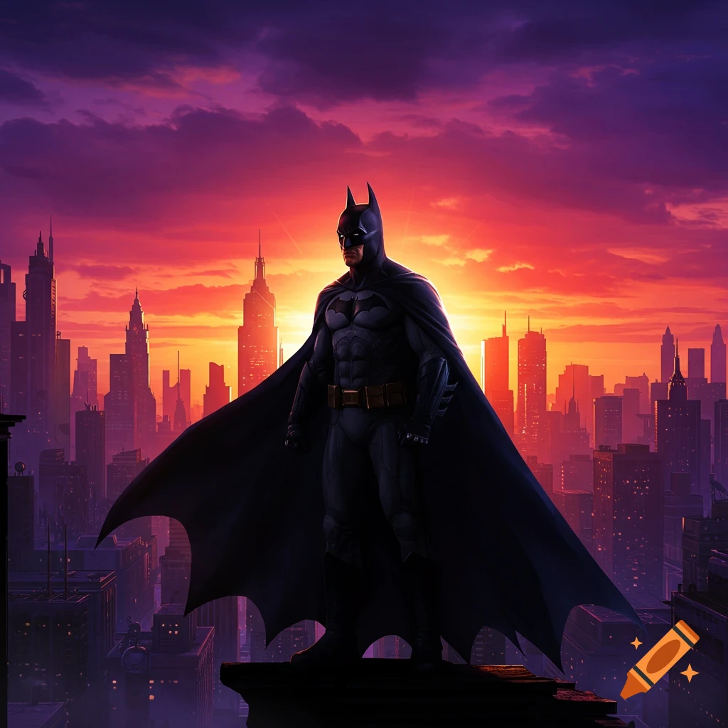 Batman stands on a rooftop overlooking a vibrant city skyline at sunset, digital art.