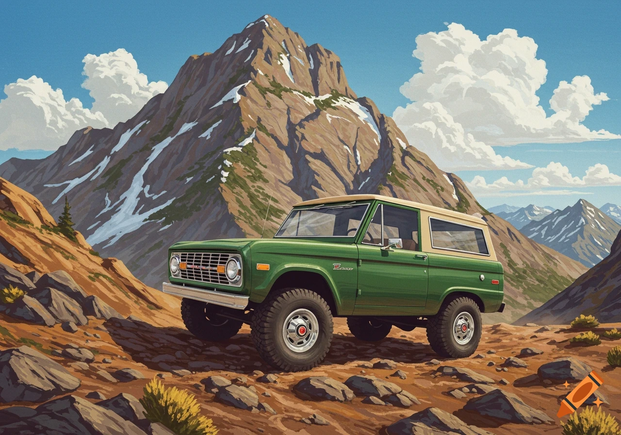 A green vintage Ford Bronco parked on a rocky mountain path with snow-capped peaks under a blue sky, in a stylized illustration.