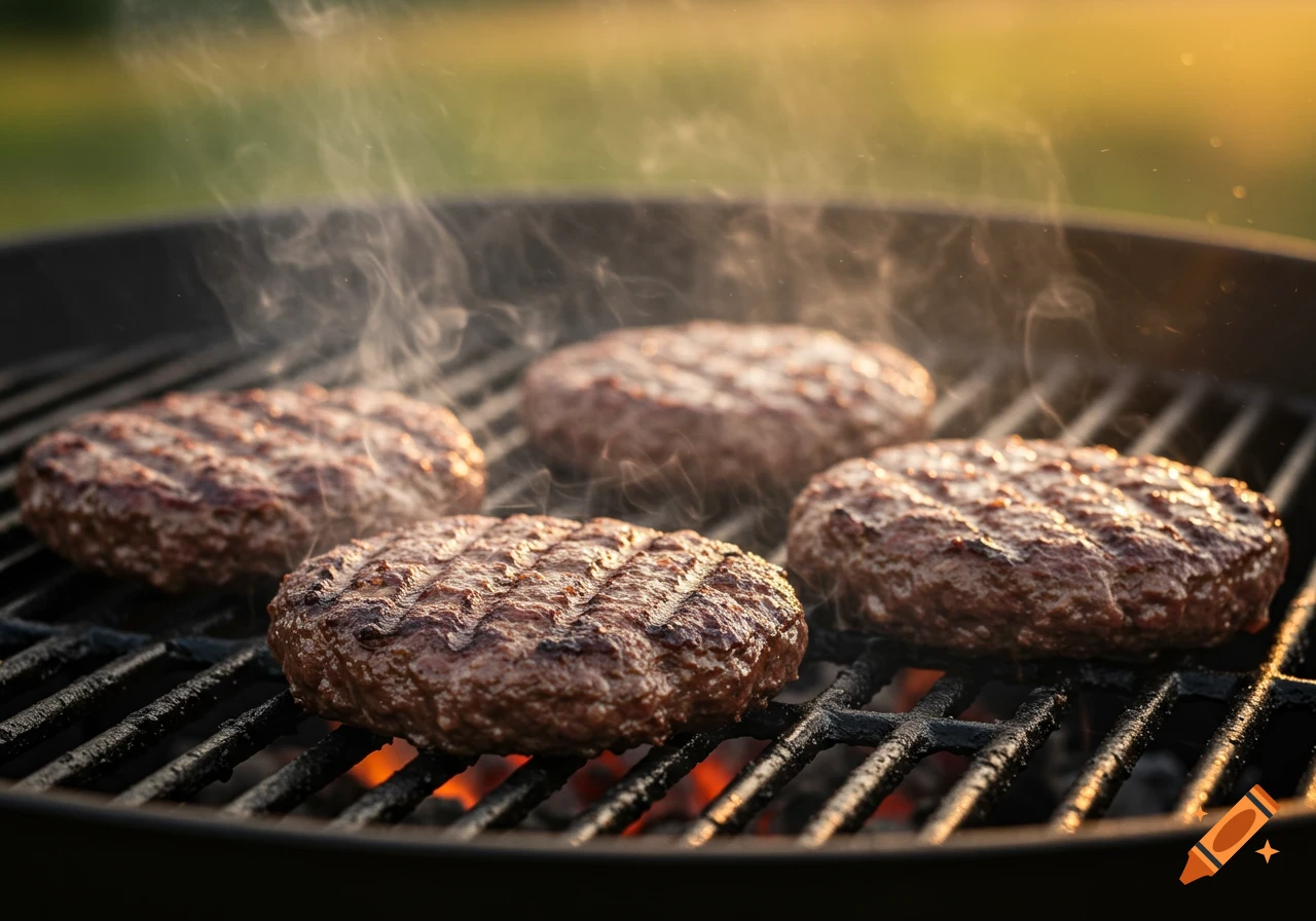 Four hamburger patties sizzling on a barbecue grill with steam rising, set against a blurred green background.