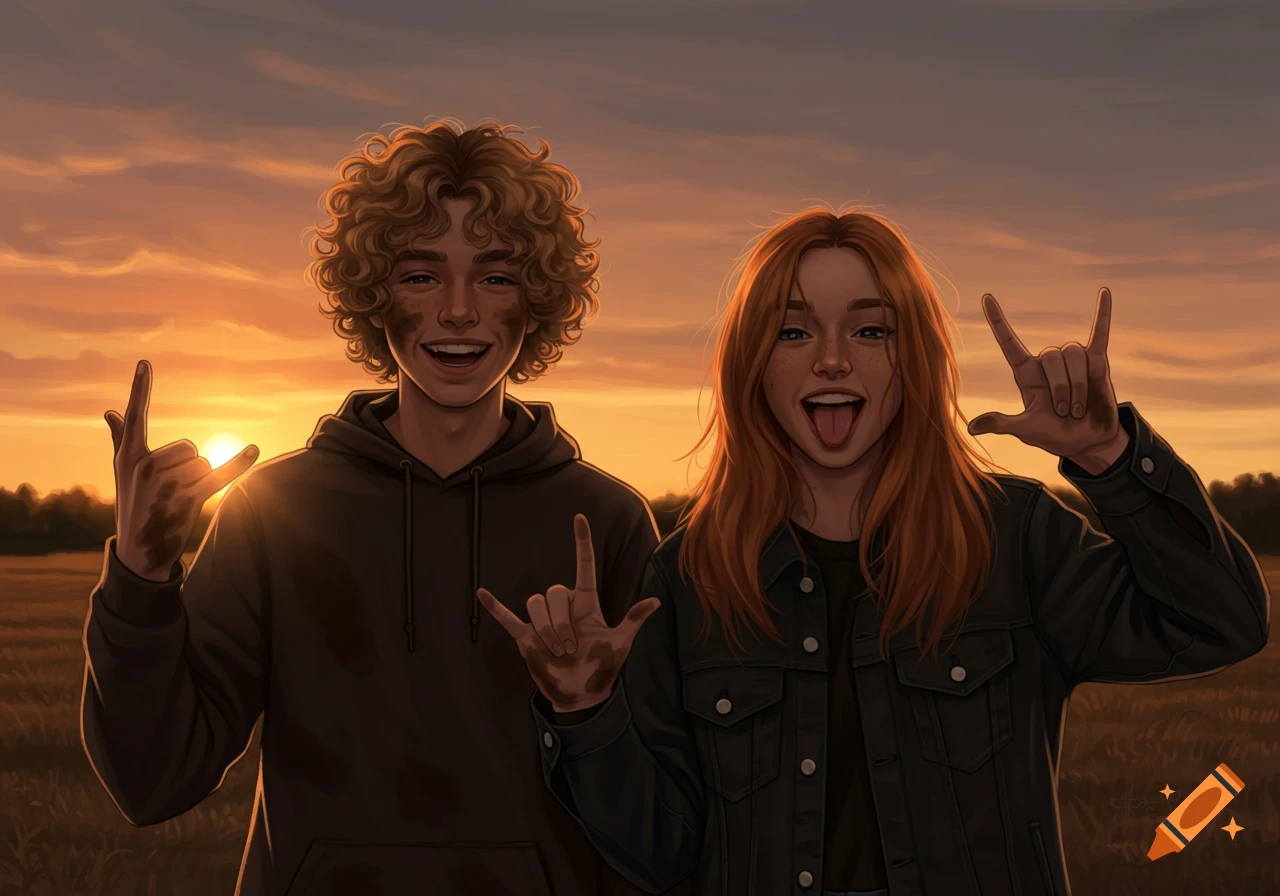 A smiling cartoon boy with curly hair and a girl with long ginger hair make rock-on gestures in a field at sunset.