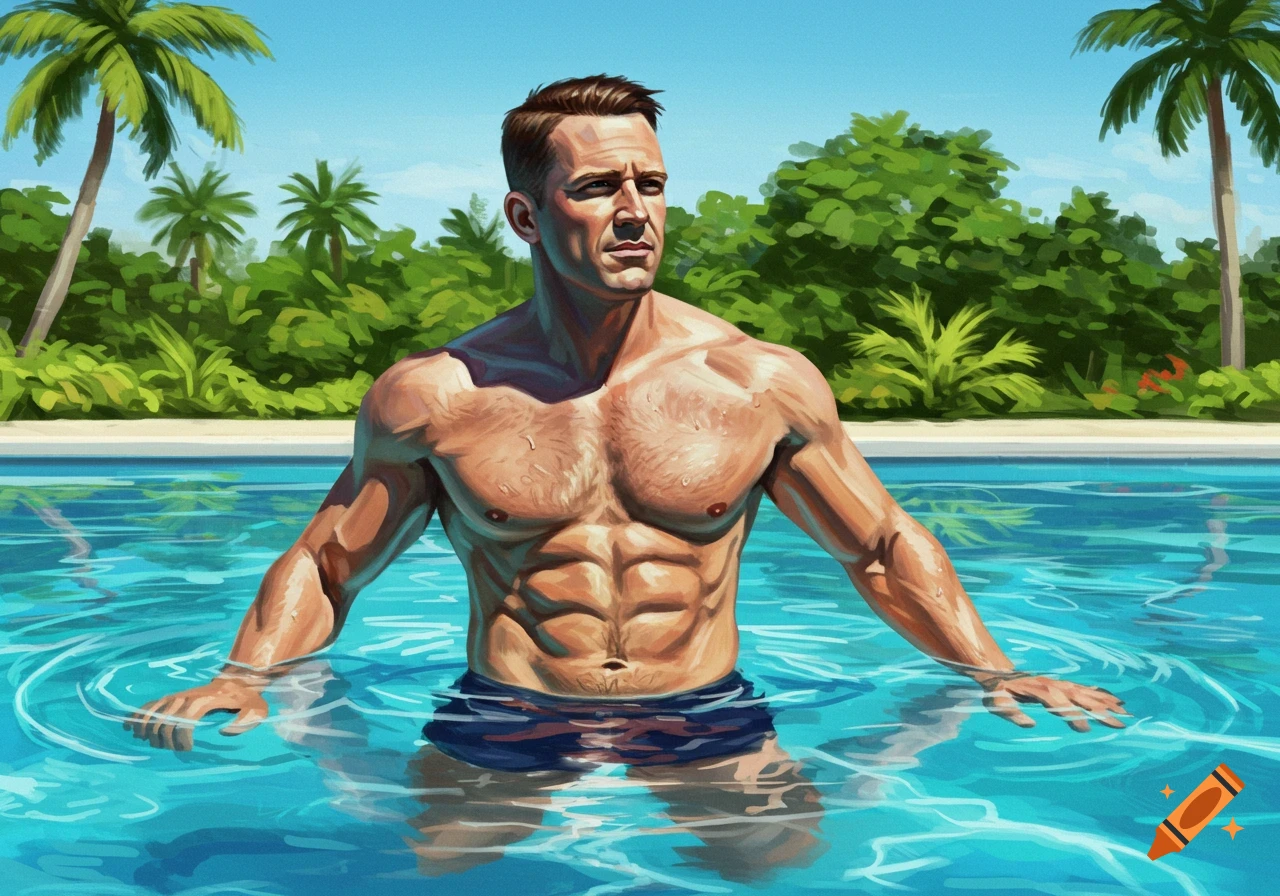 Muscular man in swim trunks standing in a vibrant blue swimming pool with palm trees in the background, in an illustrative style.