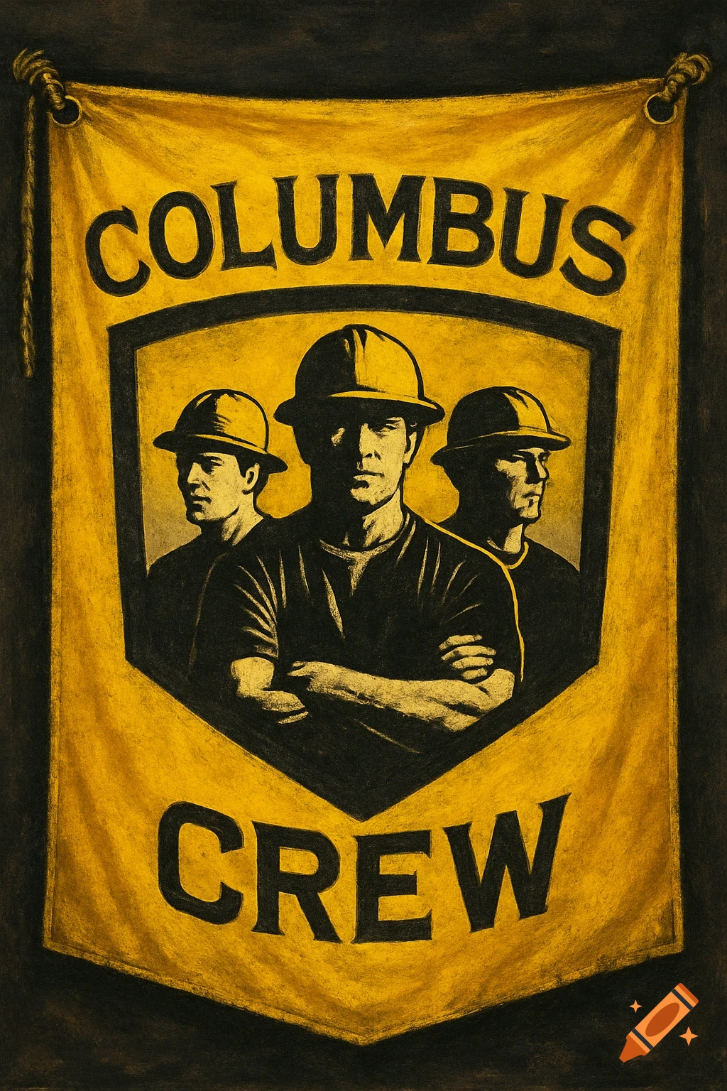 A yellow banner with black text 'COLUMBUS CREW' and a stylized illustration of three men in hard hats.