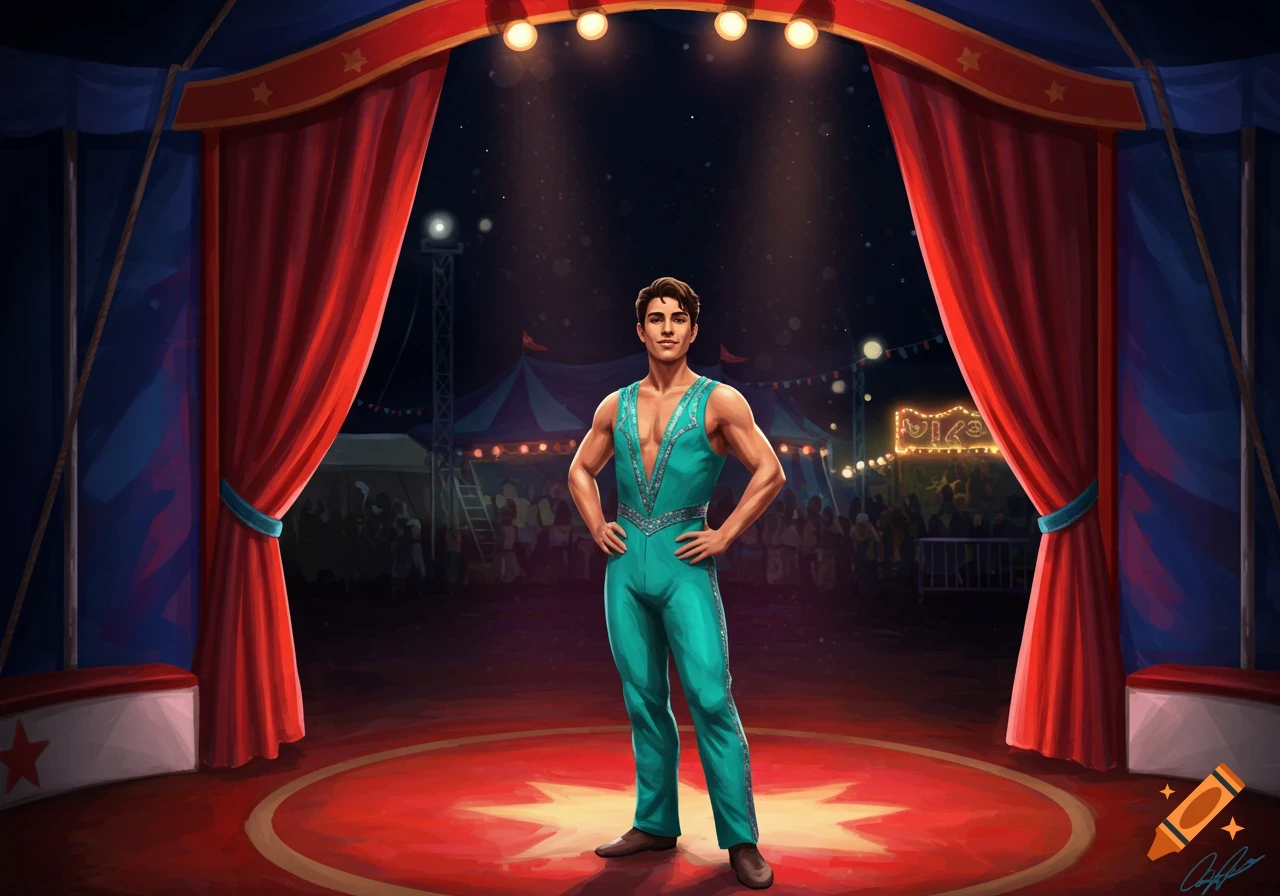 A male circus performer in a teal costume stands on a red stage under spotlights in a big top tent at night.