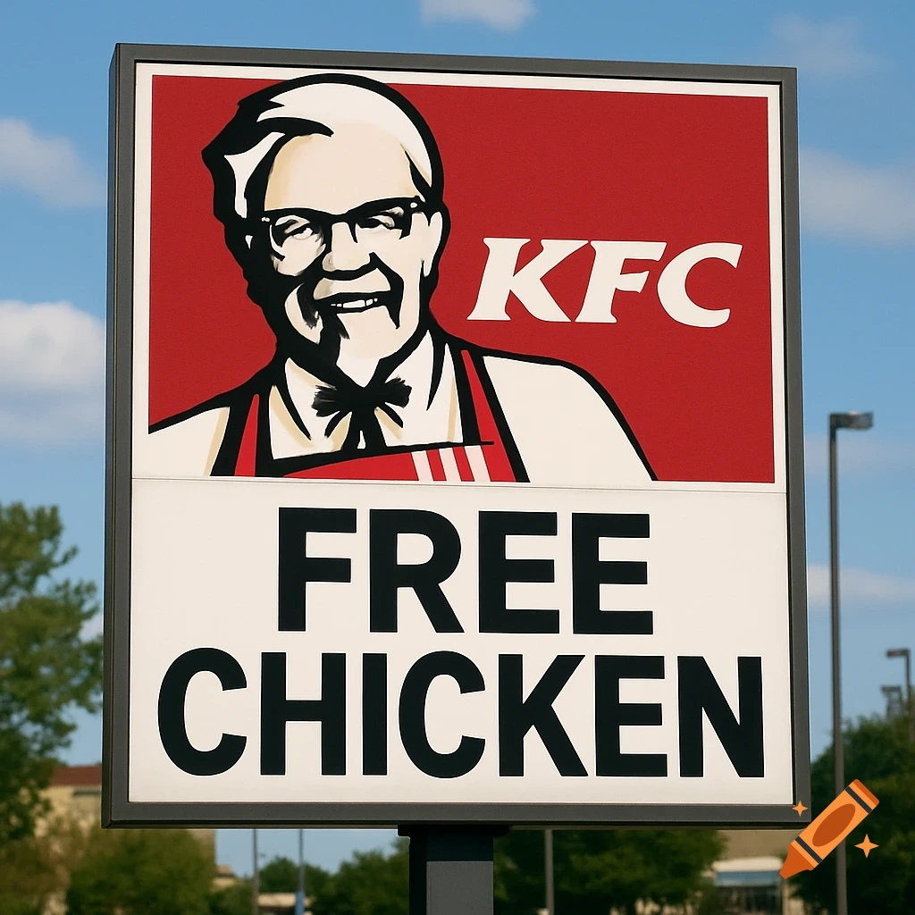 A red and white KFC sign featuring Colonel Sanders and the words 'FREE CHICKEN' under a blue sky.