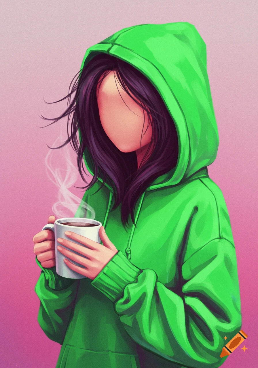 Digital illustration of a person with no face in a bright green hoodie holding a steaming mug of coffee against a pink background.