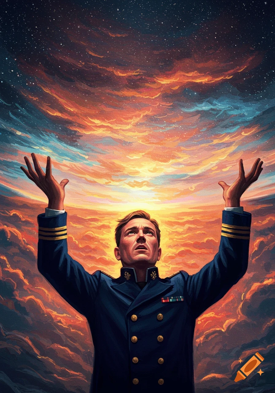 An illustrative painting of a man in uniform with arms raised towards a dramatic sky of orange, blue, and stars.