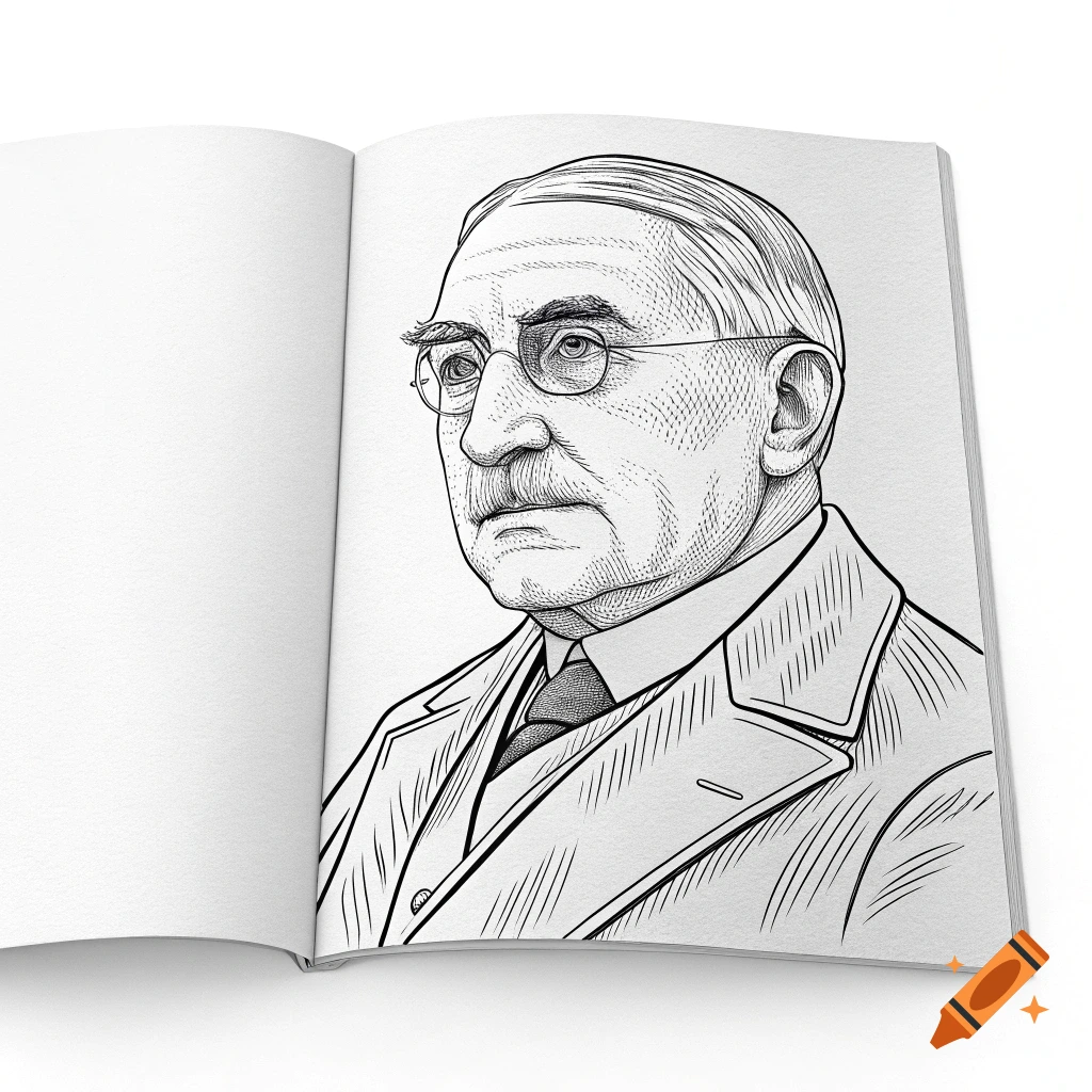 A black and white line drawing of a man with glasses and a mustache on the right page of an open coloring book.