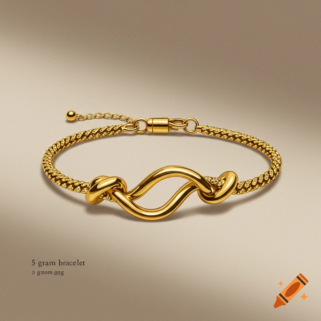 A photorealistic image of a golden bracelet with a unique knot-like design in the center, on a simple brown background.