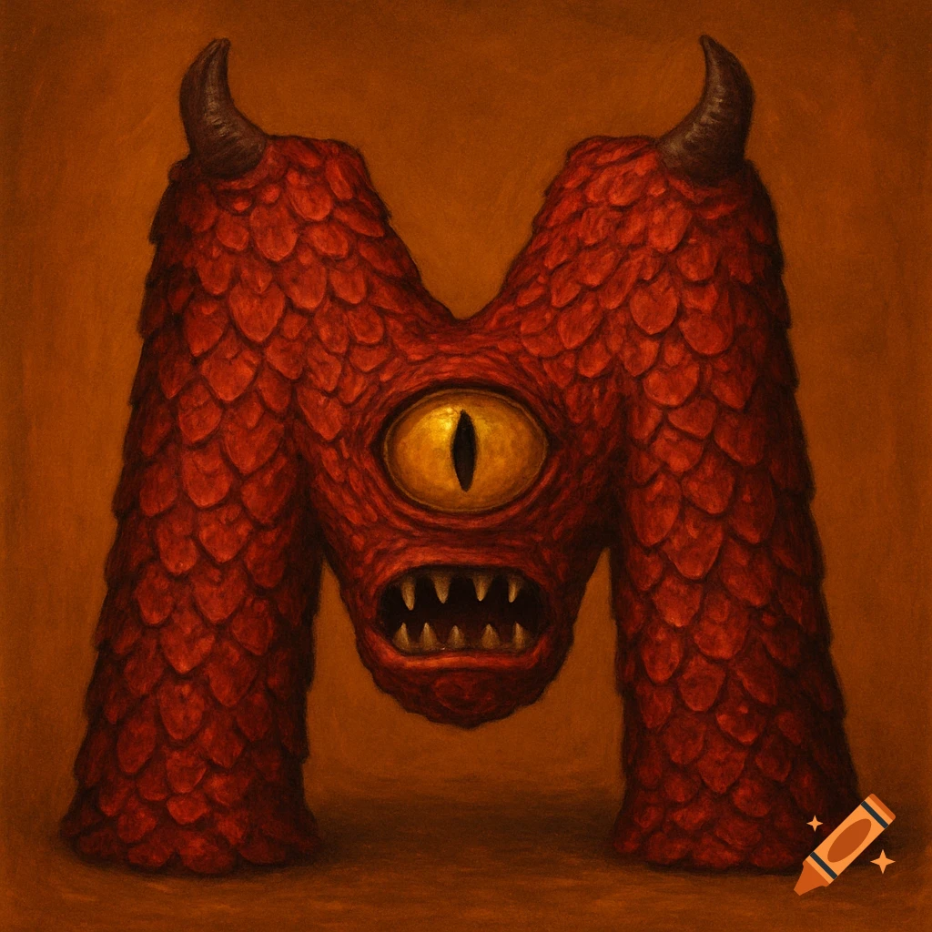 A scaly red monster shaped like the letter M, with short horns, one yellow eye, and sharp teeth, on an orange background.