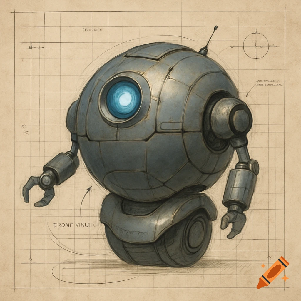 A detailed technical drawing of a spherical robot with a single eye, arms, and a wheel base, presented on an old blueprint grid paper background.