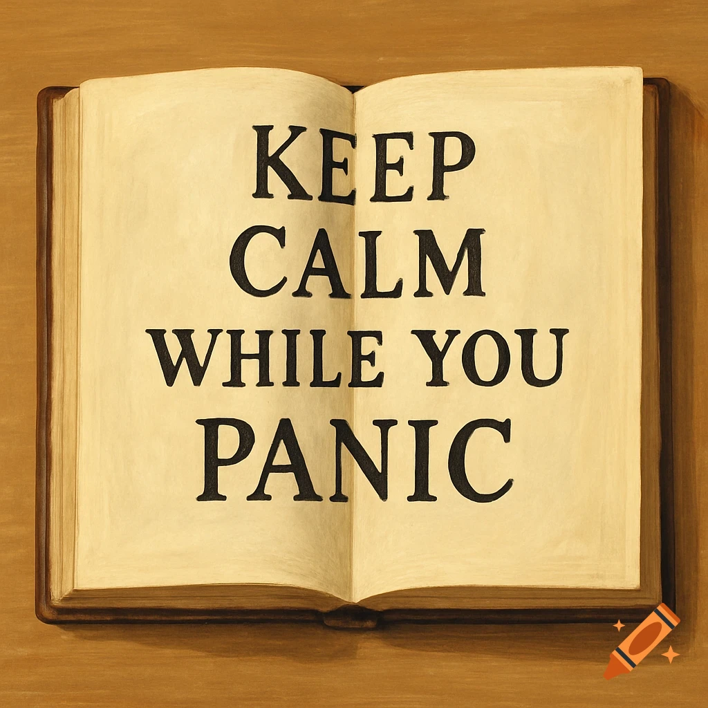 An open book displaying the text 'KEEP CALM WHILE YOU PANIC' on its pages, resting on a wooden surface.