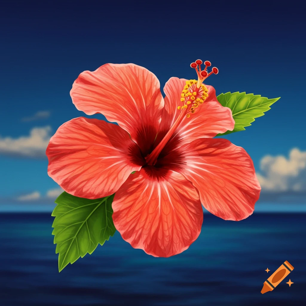 A vibrant red hibiscus flower with green leaves, set against a deep blue ocean and sky background.