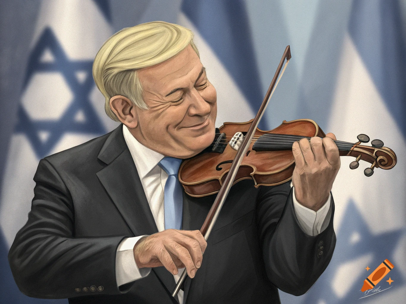 A caricature of Benjamin Netanyahu happily playing a violin in front of a blurred Israeli flag background.