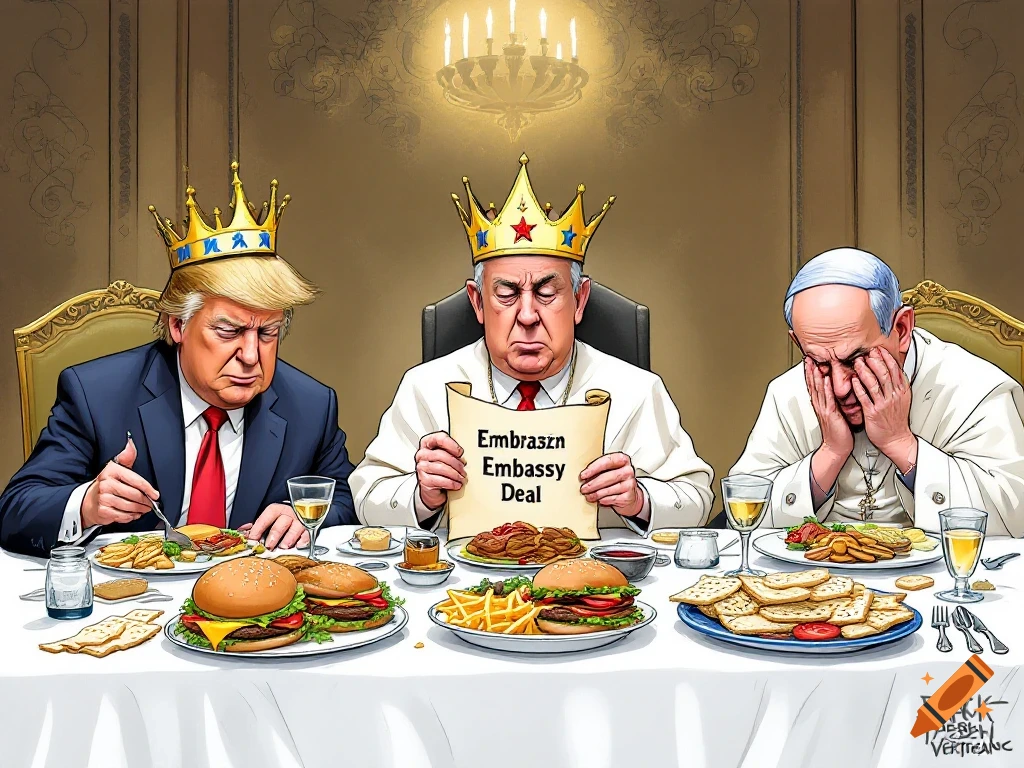 A cartoon depicts Donald Trump in a MAGA crown, Benjamin Netanyahu holding a scroll labeled 'Embrazn Embassy Deal', and Pope Francis facepalming at a dinner table laden with cheeseburgers, matzah, and communion wafers.