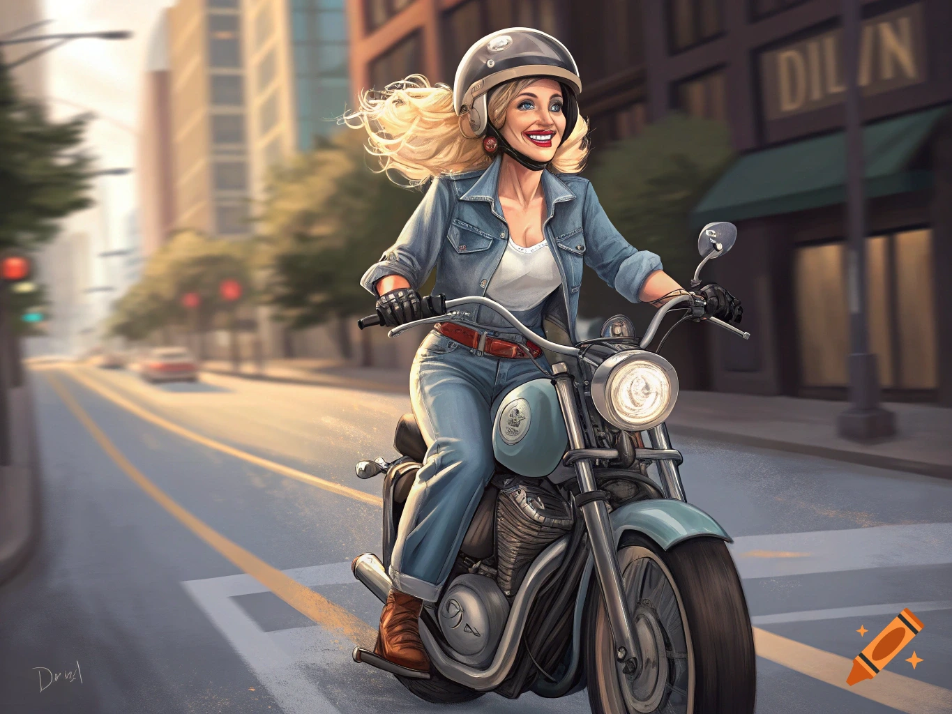 A cartoon-style image of Dolly Parton smiling while riding a street bike on a city street.