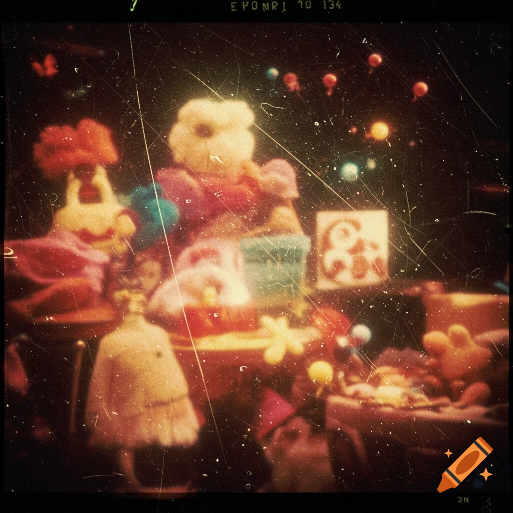 Heavily scratched and grainy vintage photo of various blurry stuffed animals and toys in a dreamy display.