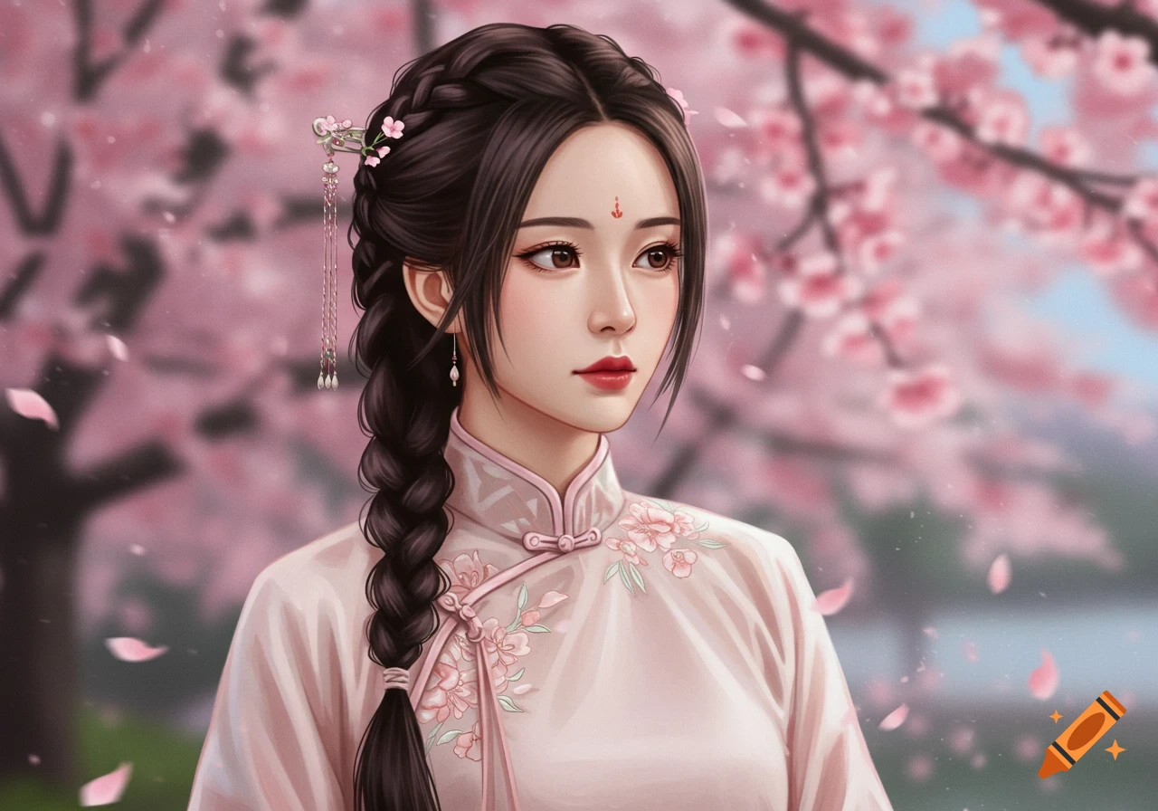 A woman in pink traditional attire with a long braid, adorned with a hair ornament, against a backdrop of blooming cherry blossoms. Digital art.