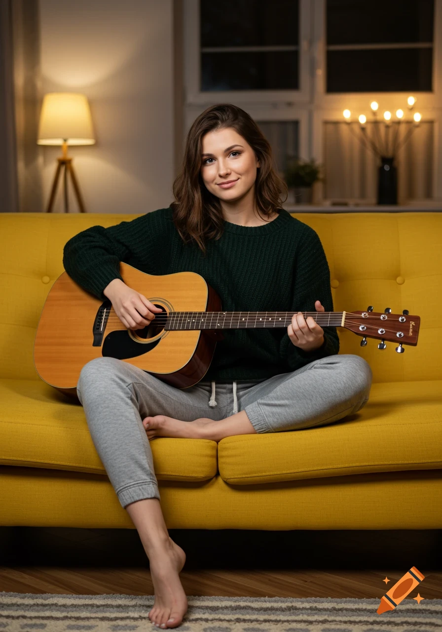 Young woman in a green sweater playing acoustic guitar on a yellow couch, smiling.