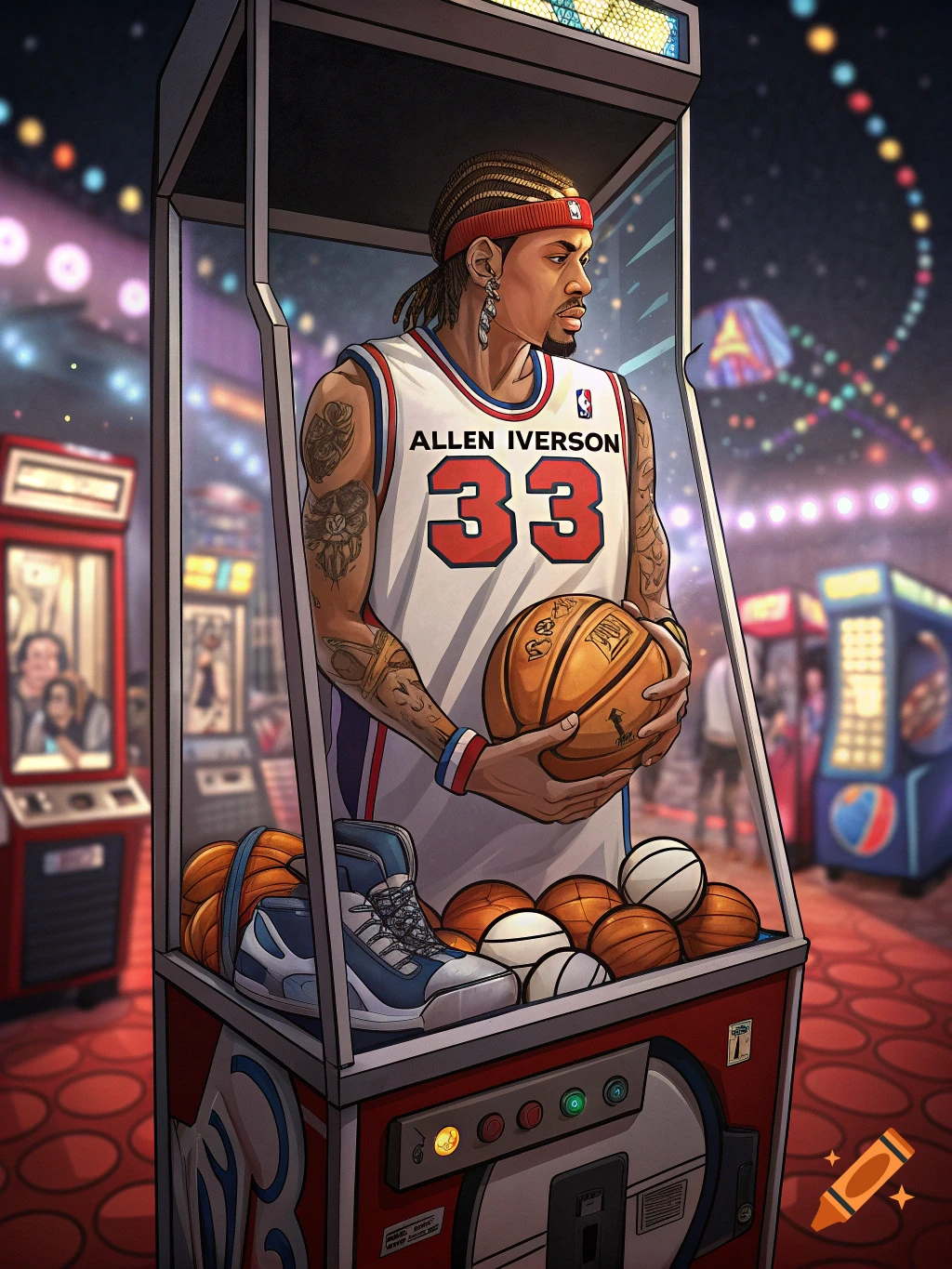 Illustration of basketball player Allen Iverson inside a claw machine, surrounded by basketballs, at an arcade.