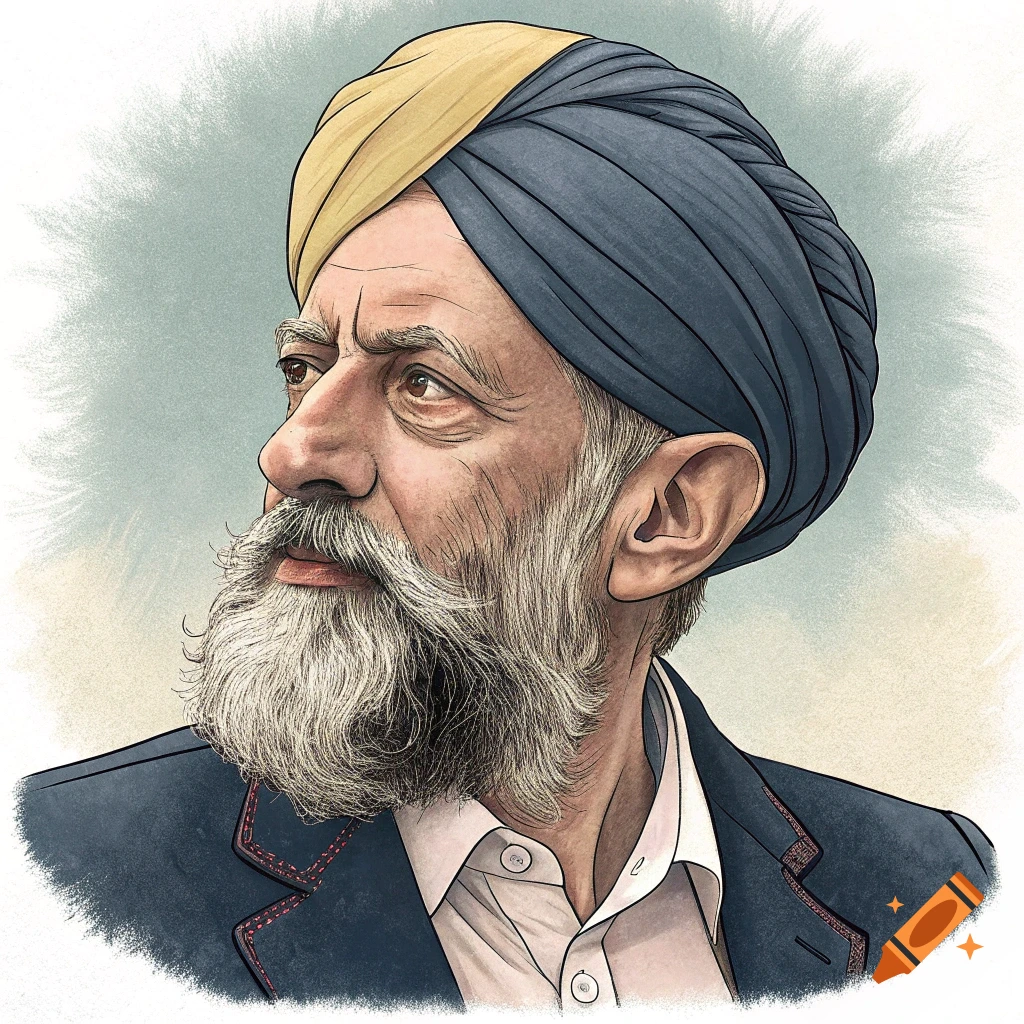 Illustration of an older man with a long grey beard and a blue and yellow turban, looking left against a light background.