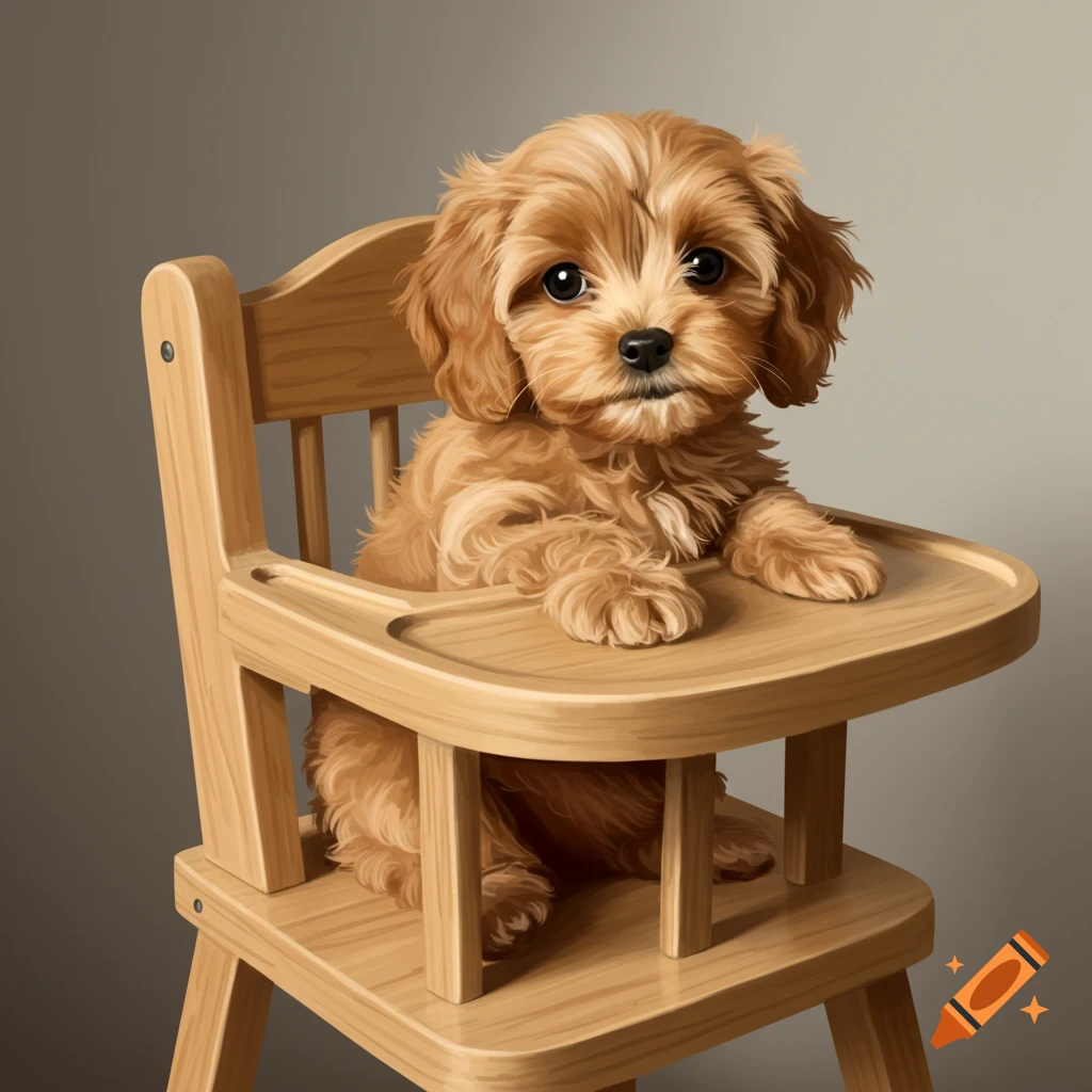 A cute apricot cavapoo puppy with big eyes sits in a wooden highchair, looking forward.