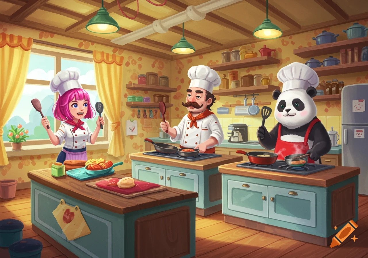 A cartoon kitchen with a pink-haired girl, a man with a mustache, and a panda, all dressed as chefs, cooking at separate stations.