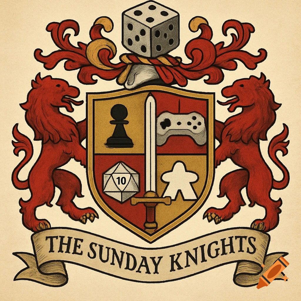 A colorful coat of arms with red lions, a shield featuring a chess pawn, a video game controller, a D20 dice, a sword, and a meeple, with a banner below reading 'THE SUNDAY KNIGHTS'.