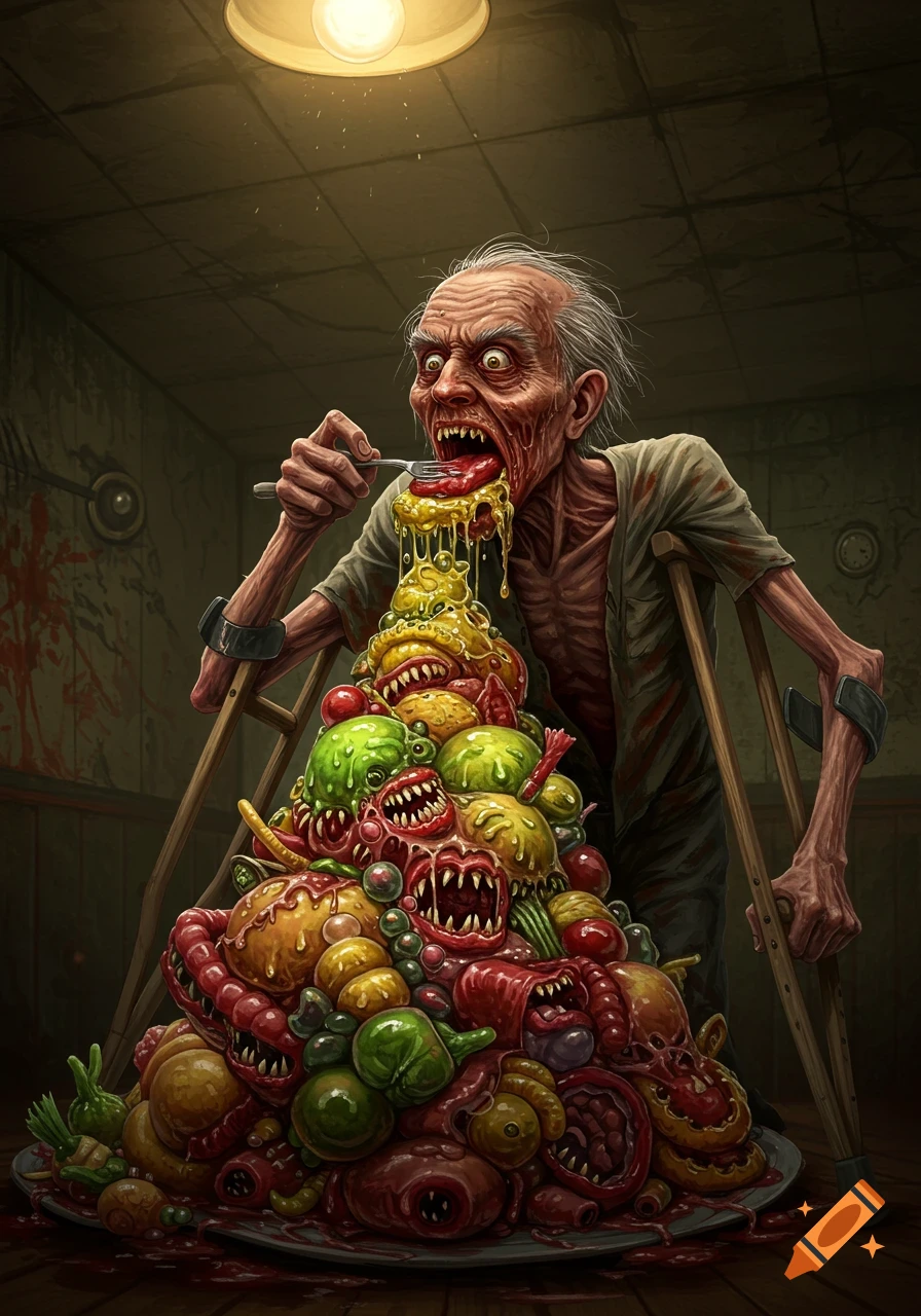 A horrifying, emaciated old man on crutches consumes a monstrous pile of food with eyes and teeth, in a dark, blood-splattered room.