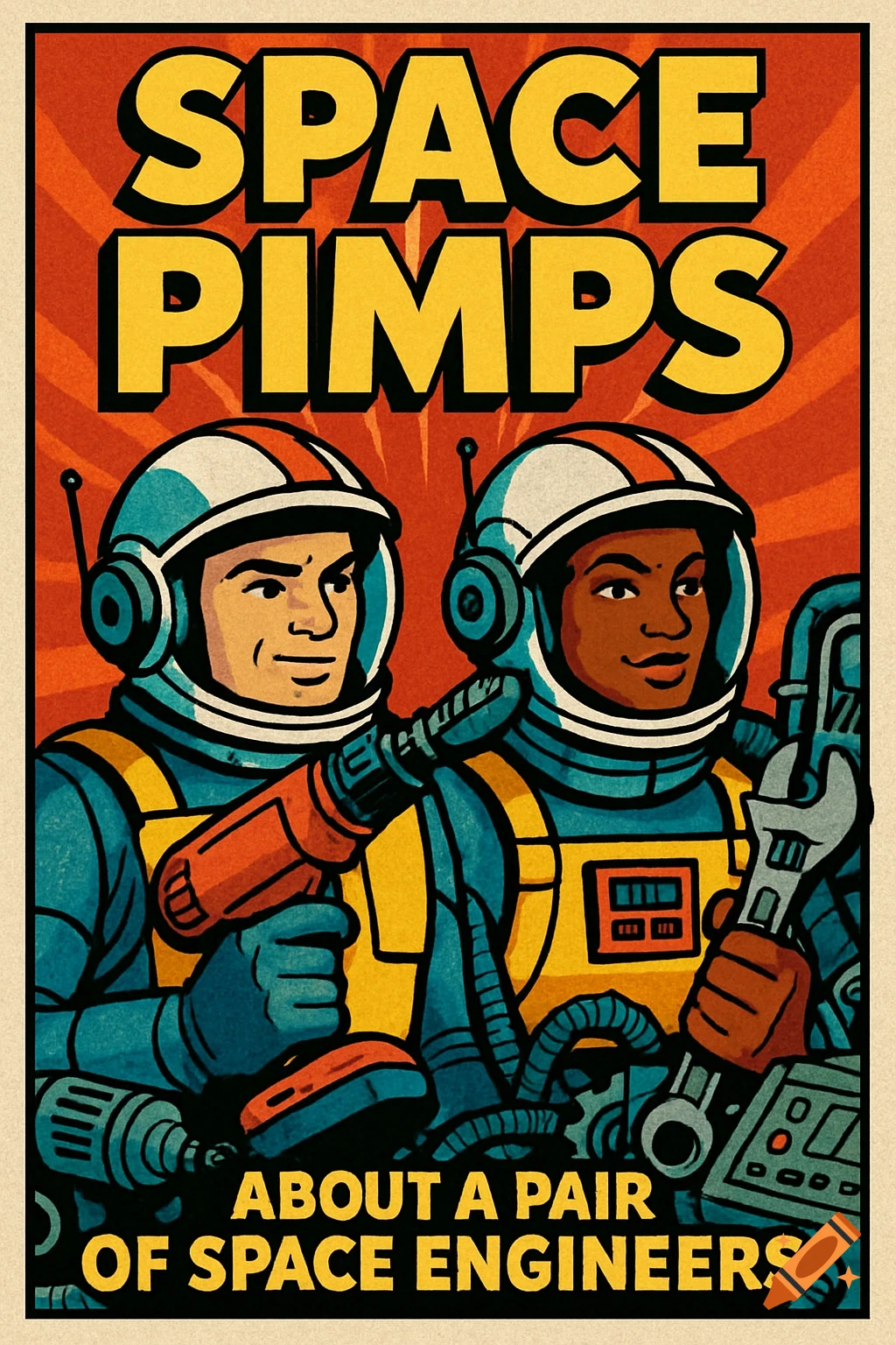 A retro pop art poster for 'Space Pimps' featuring two astronauts with tools, titled 'About a Pair of Space Engineers'.
