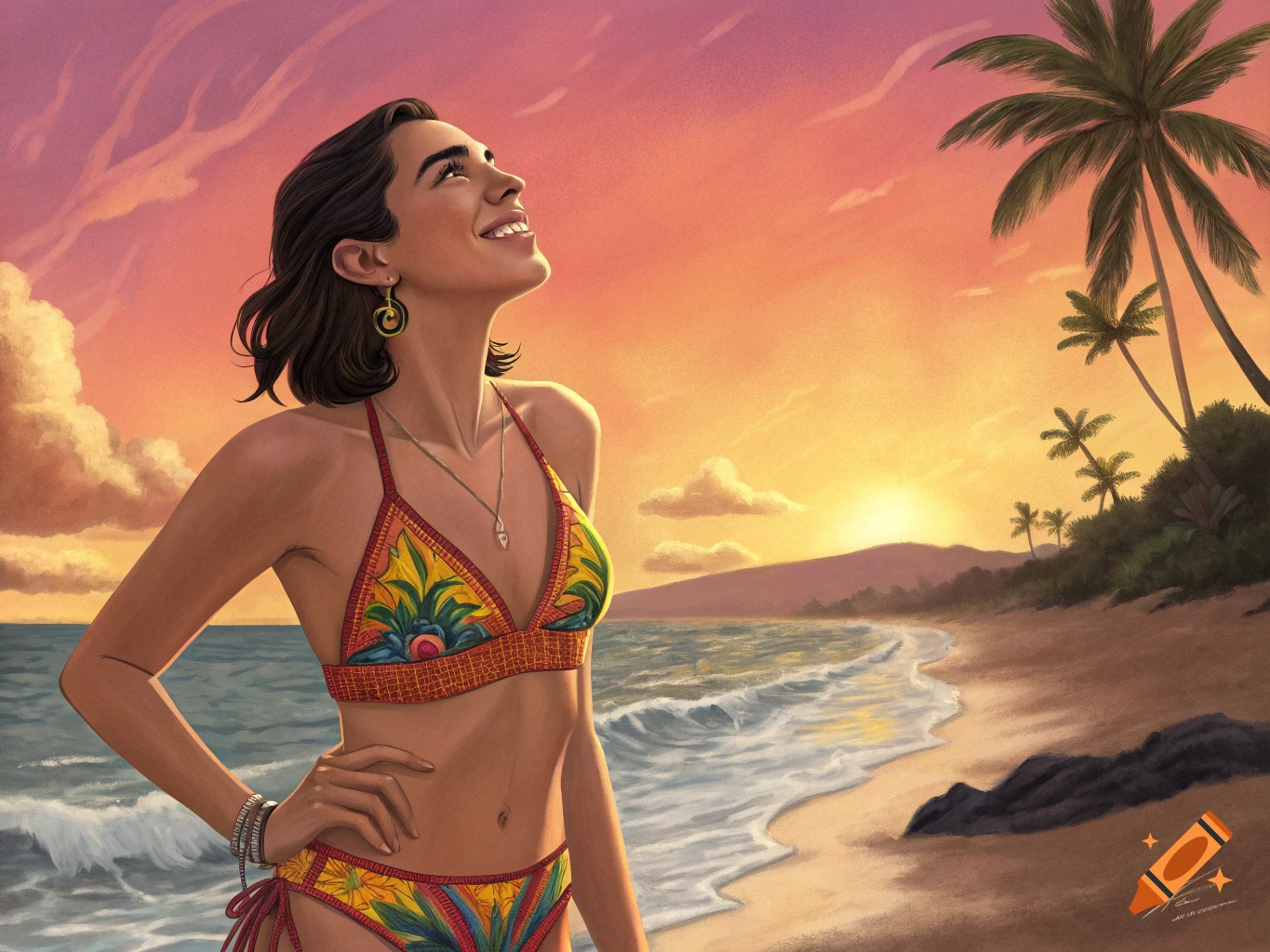 A woman in a colorful bikini smiles on a beach during a tropical sunset, digital illustration.