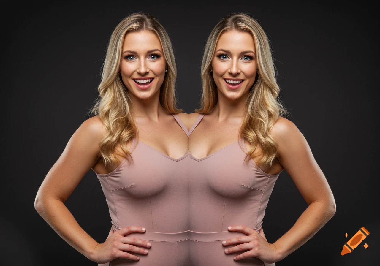 Two smiling women creating an illusion of a two-headed woman wearing a pink leotard against a dark background.