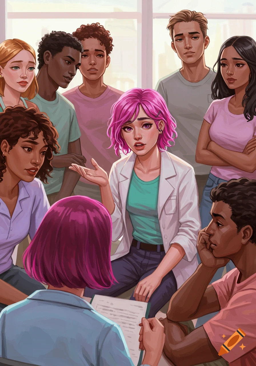 An illustration of a diverse group of young adults in a bright room, engaged in a serious discussion, with one woman with pink hair speaking.