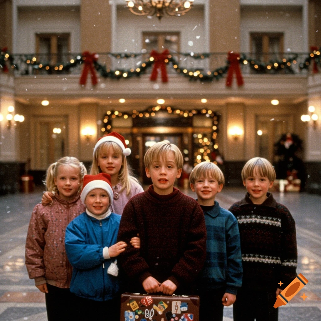 Six children, including a boy holding a suitcase, stand in a grand hotel lobby decorated for Christmas with lights and garlands.