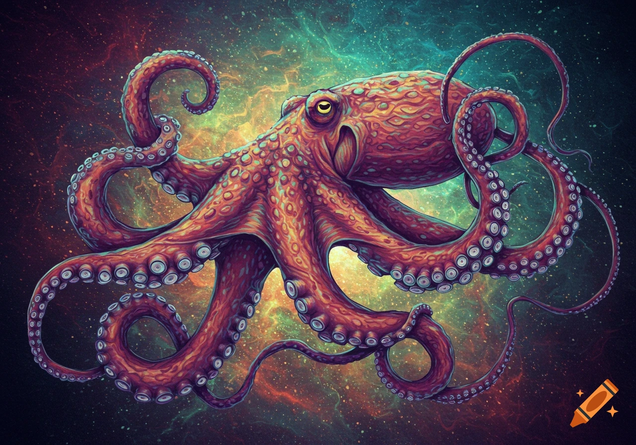 A vibrant, highly detailed psychedelic octopus with swirling tentacles against a cosmic background of blues, purples, and greens.