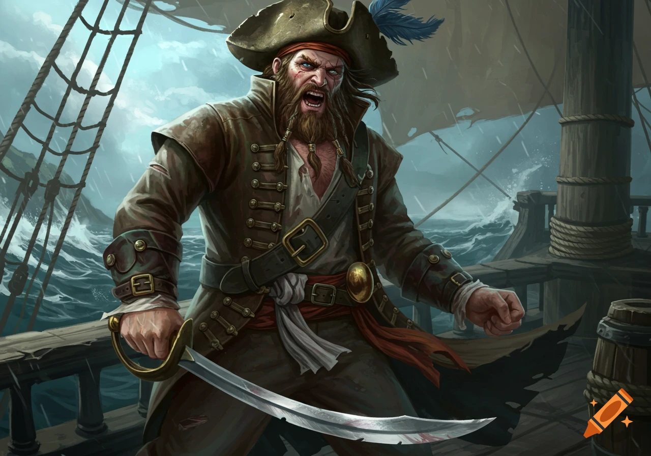 A fierce pirate with a beard and a plumed hat, holding a cutlass on the ...