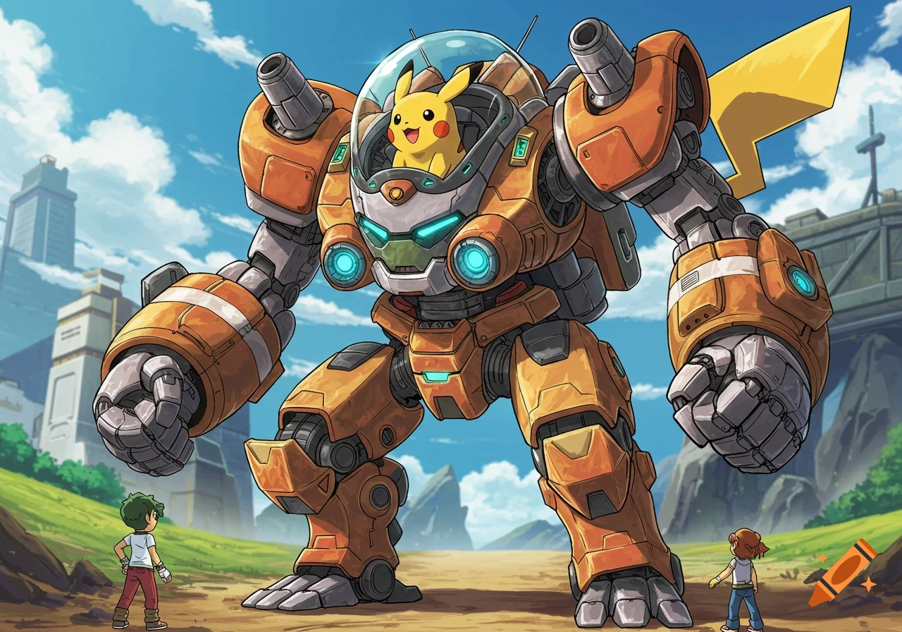 Pikachu in a large orange mech suit stands between two small human trainers in a cartoon landscape with buildings.