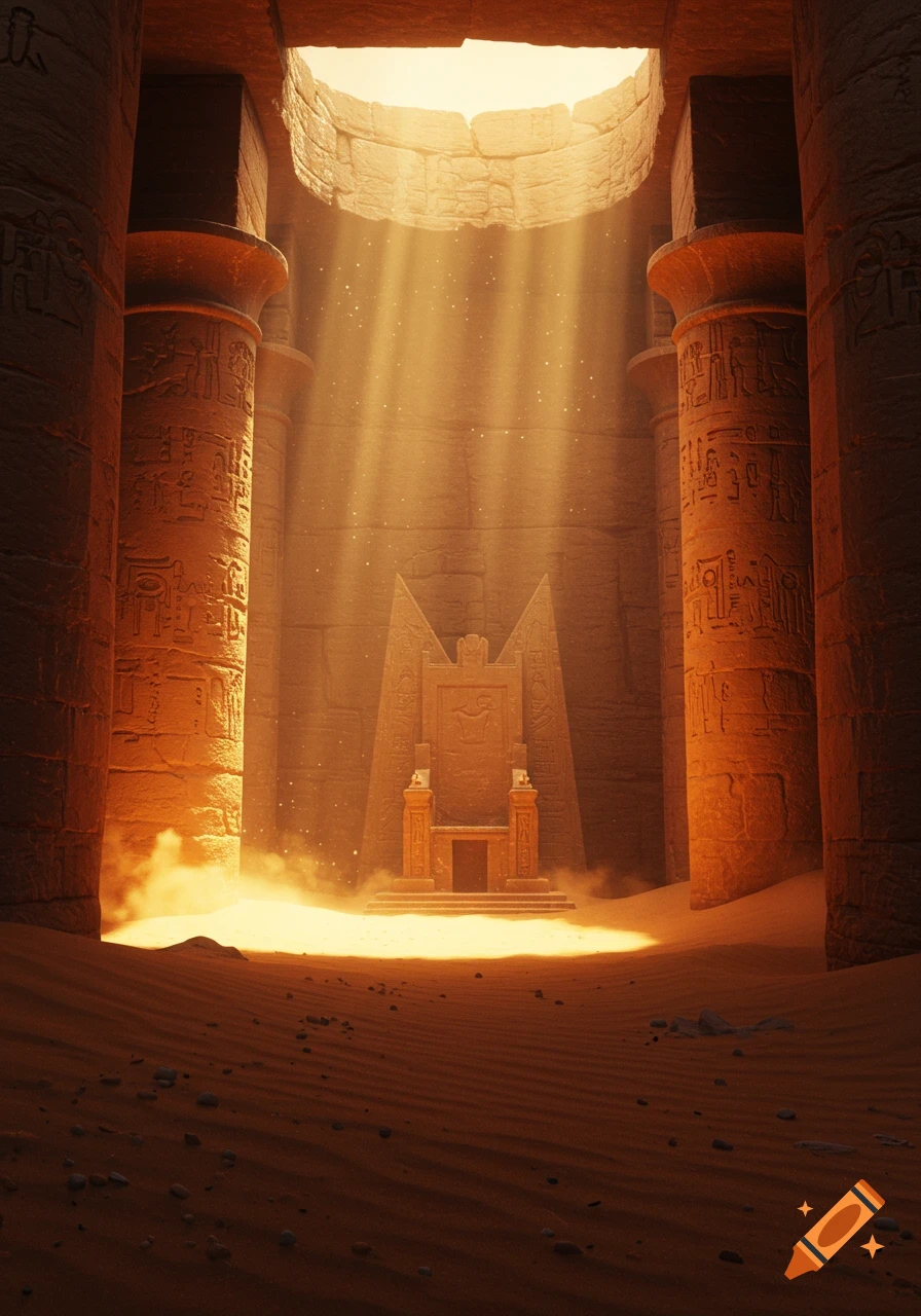 A sunlit ancient desert throne room with tall pillars, sand-covered floor, and a large throne.