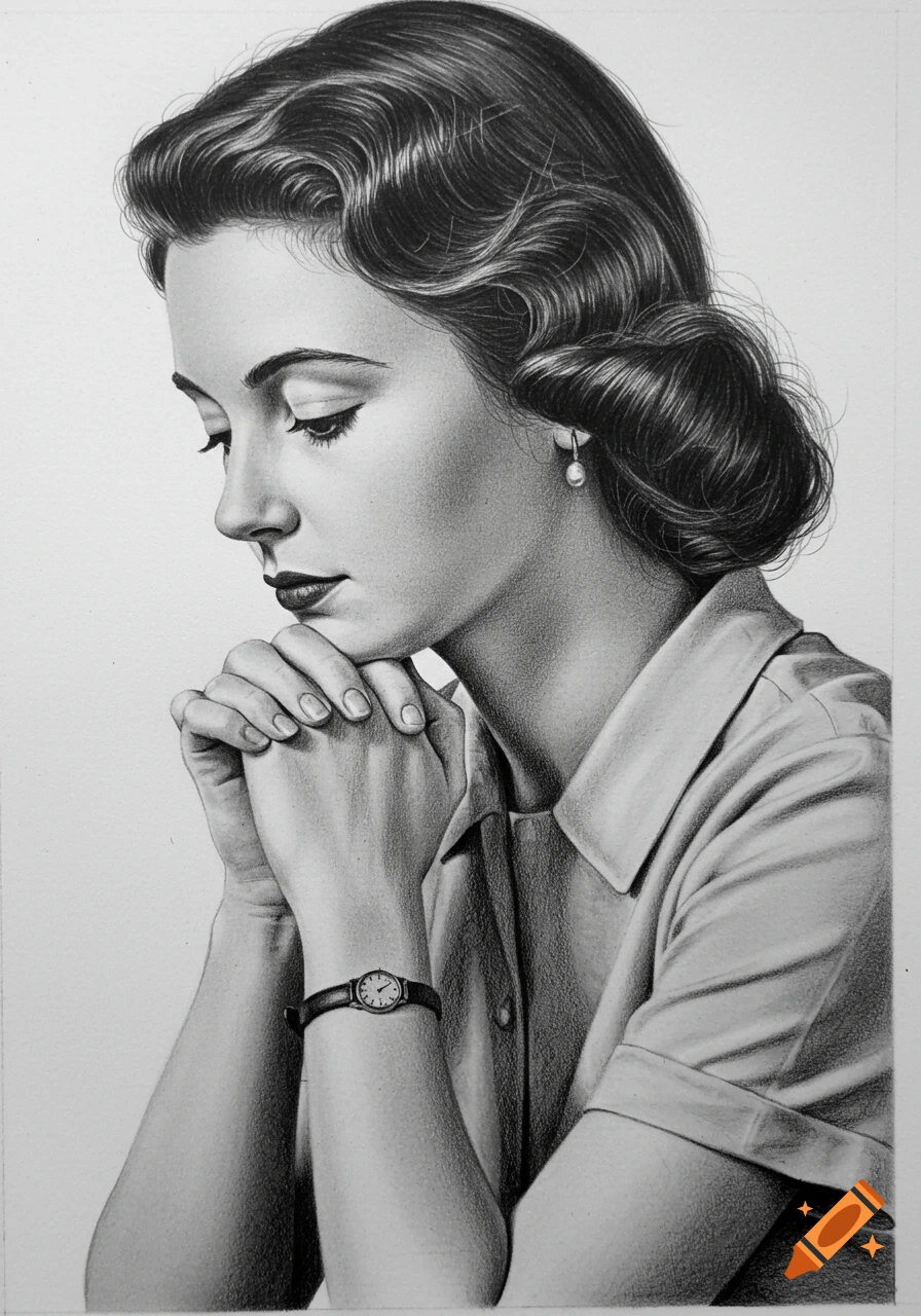A realistic monochrome pencil drawing of a 1950s woman with her hands clasped in prayer.