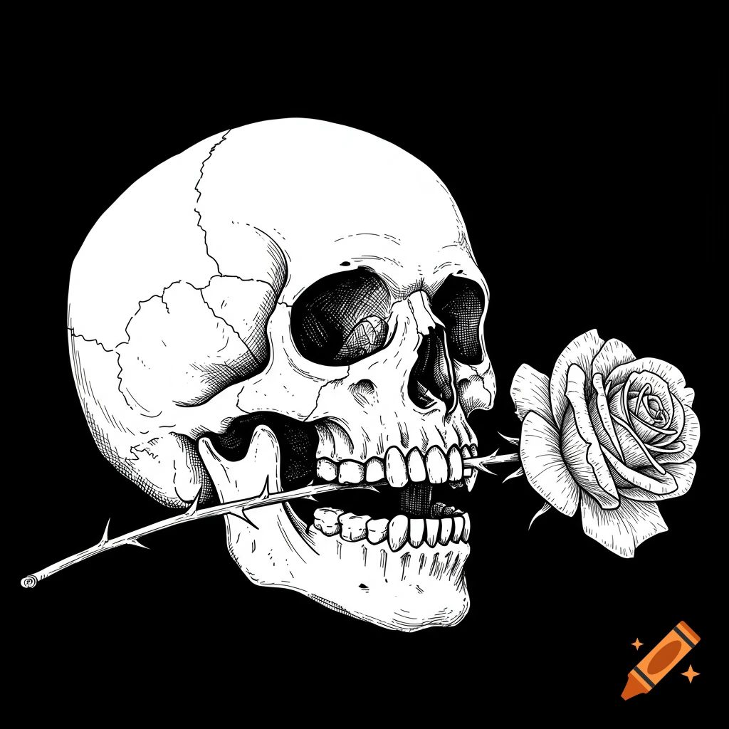 An ink illustration of a white skull with a white rose in its mouth on a black background.