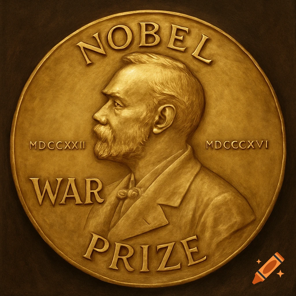 A golden medal depicting Alfred Nobel in profile, inscribed with 'NOBEL WAR PRIZE' and Roman numerals.