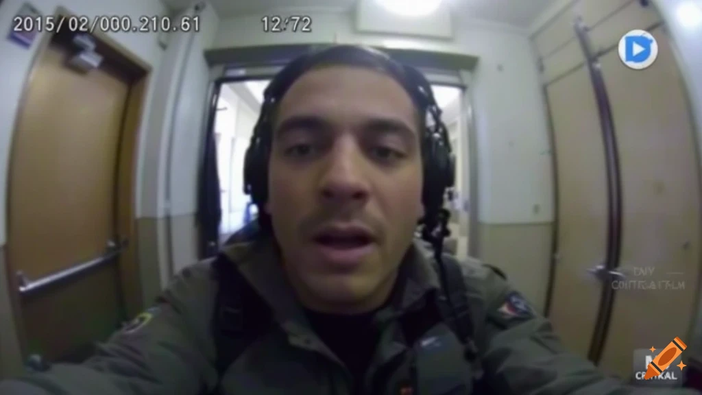 A man with headphones looks directly into a body camera, appearing in a hallway with doors on either side, resembling found footage.