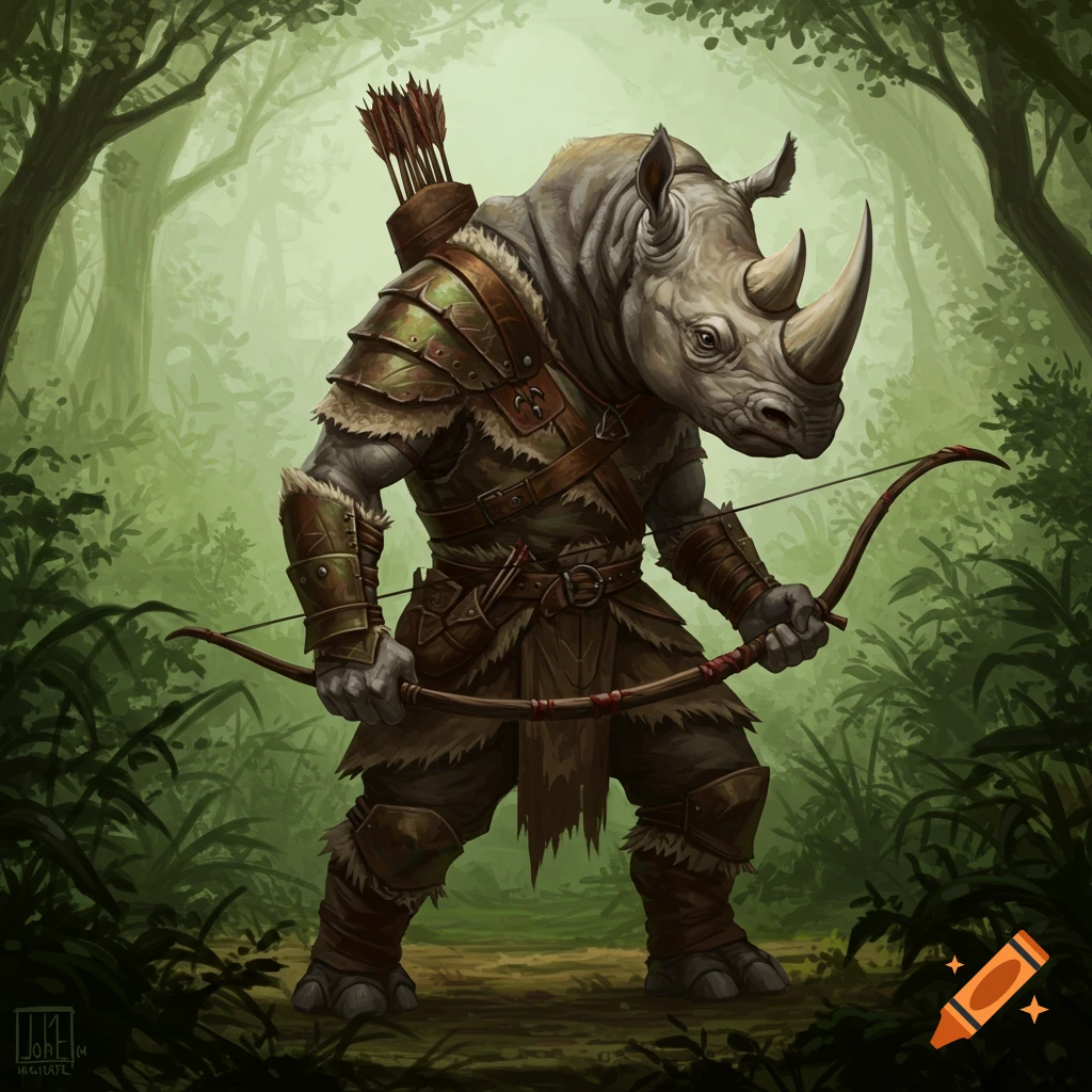An armored humanoid rhino archer stands in a lush green forest, holding a bow and quiver of arrows.