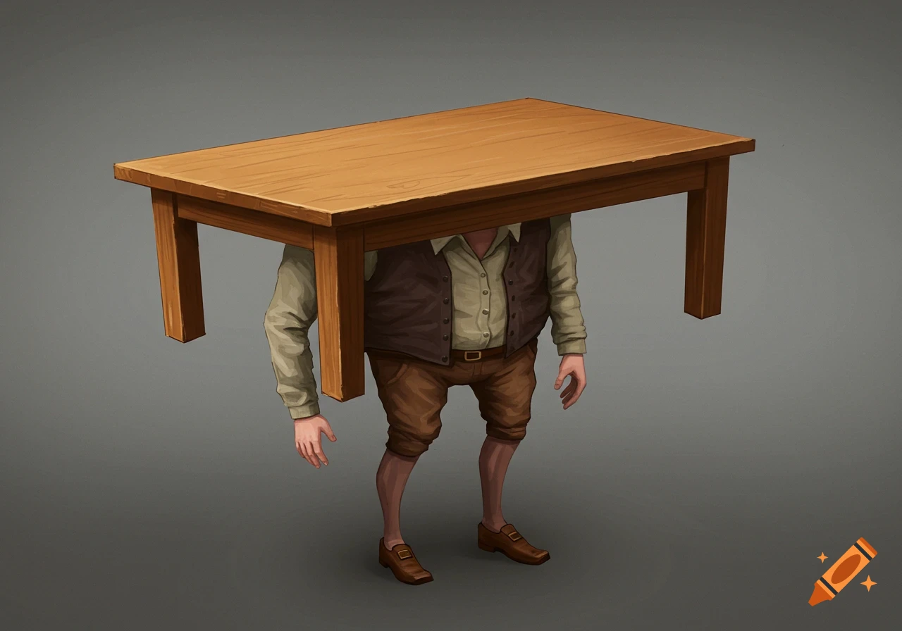A surreal creature with a wooden table for a torso, featuring human arms and legs wearing a shirt, vest, and shorts.