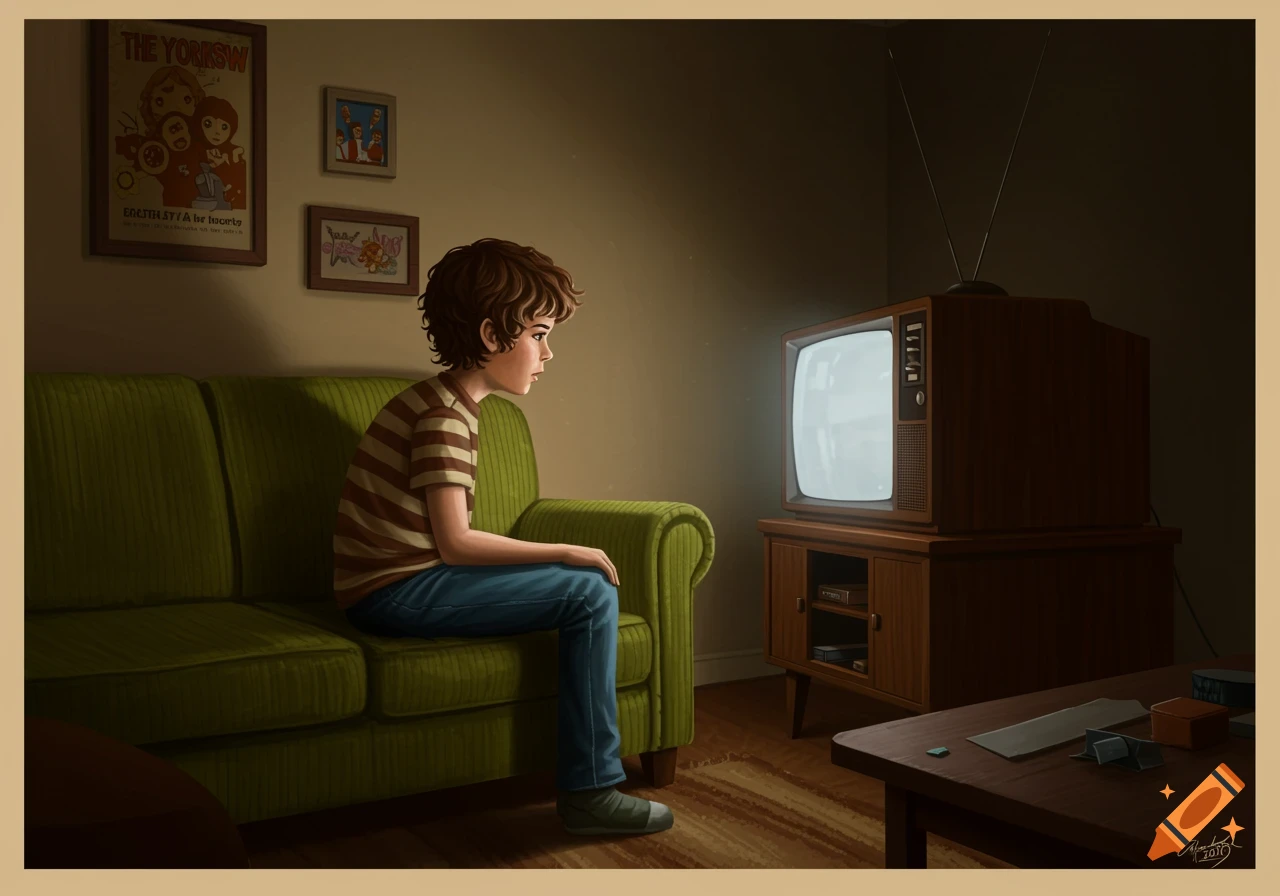 A young boy with curly hair sits on a green couch, looking intently at a glowing vintage television in a dimly lit 1970s living room.