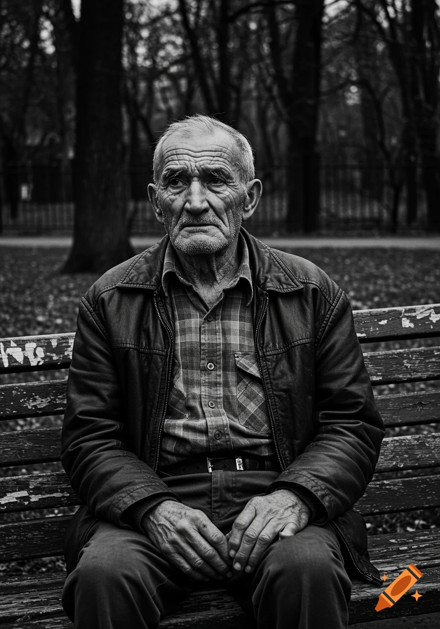 A black and white portrait of an elderly man with a wrinkled face, sitting on a park bench.