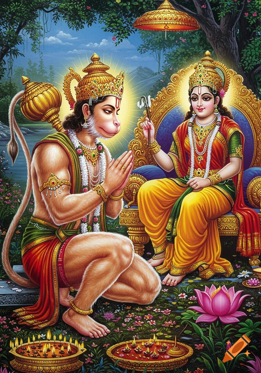 Vibrant traditional painting of Hanuman kneeling in worship before a richly adorned female deity seated on a golden throne in a lush garden.