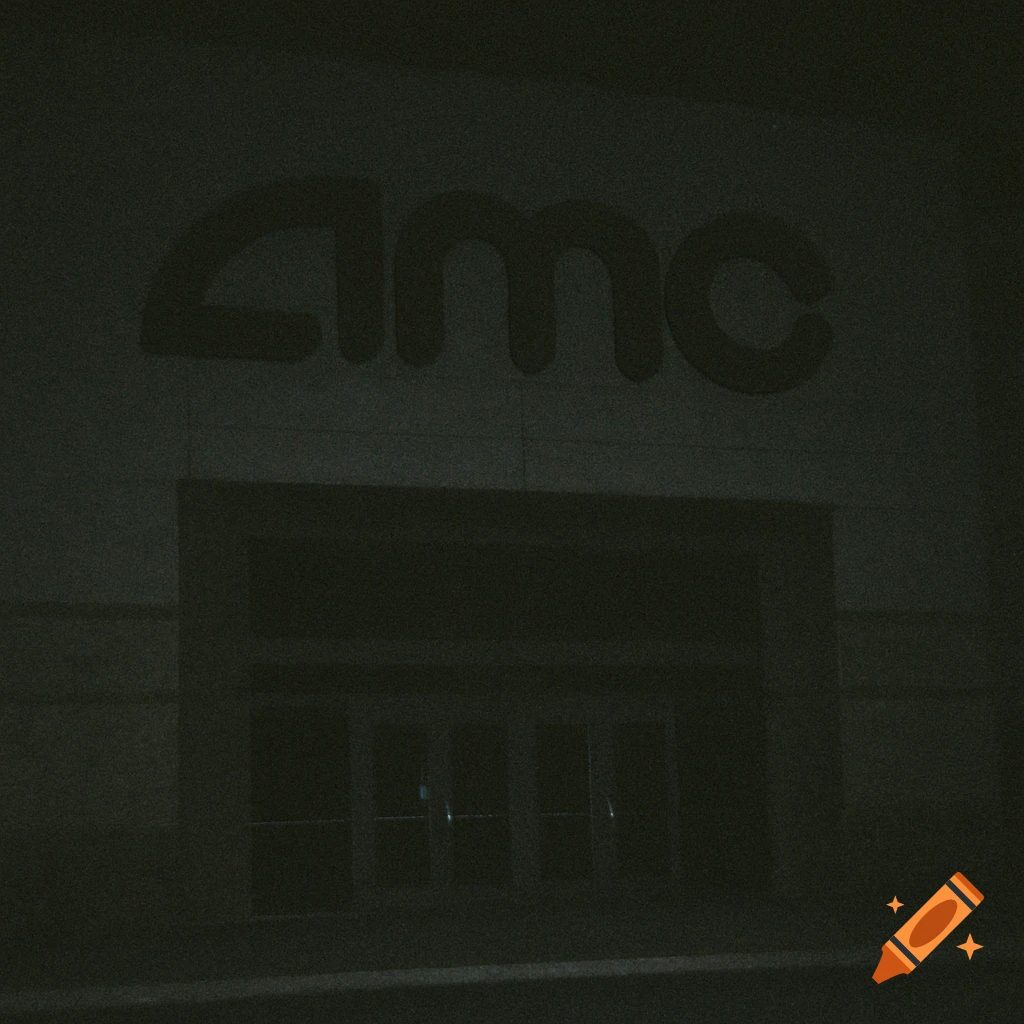 Dark, grainy photo of an unlit AMC theatre facade at night, taken with a disposable film camera style.
