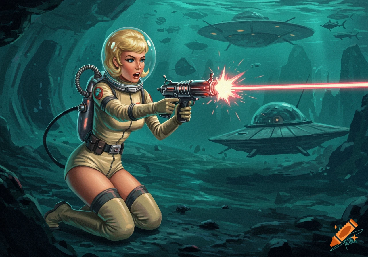 A blonde woman in a 1960s retro space suit shoots a laser gun at UFOs in an underwater-like alien environment.