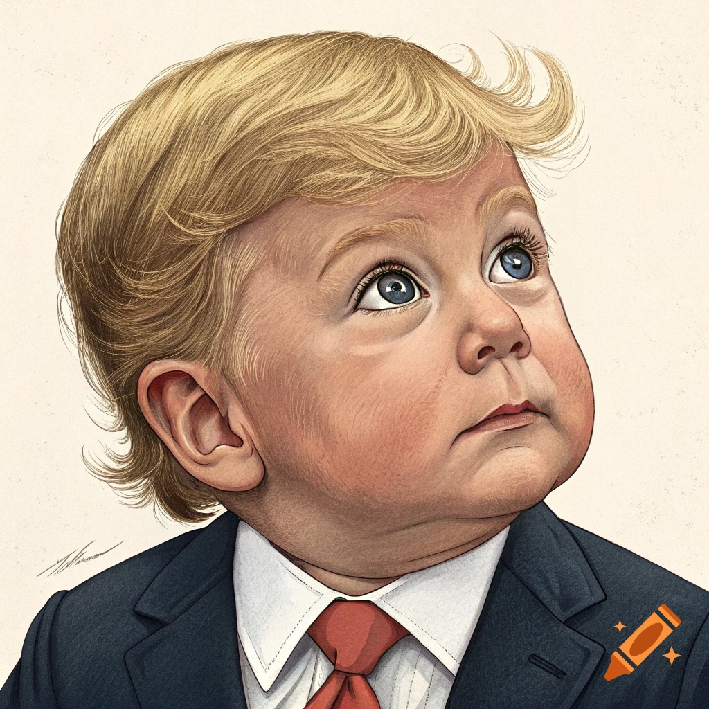 Illustration of a baby-faced caricature of Donald Trump with blonde hair, blue eyes, wearing a dark suit and red tie, looking up.